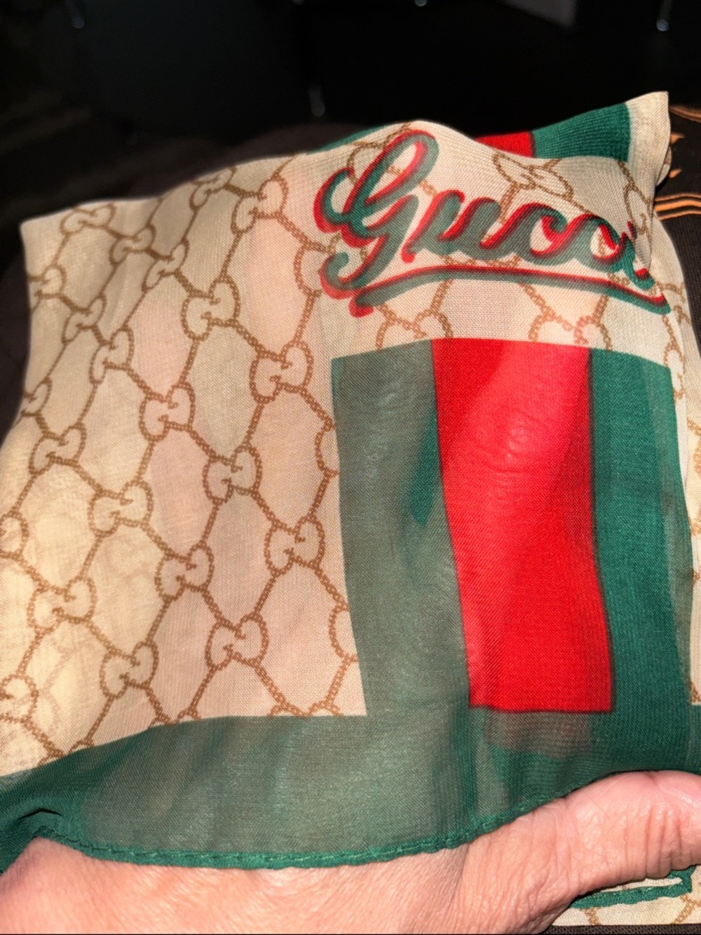 Gucci Beige Monogram Scarf with Red and Green Stripe - Picture 2 of 6
